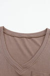 Khaki Ribbed Knit Patched Chest Pocket V Neck Top-Tops-MomFashion