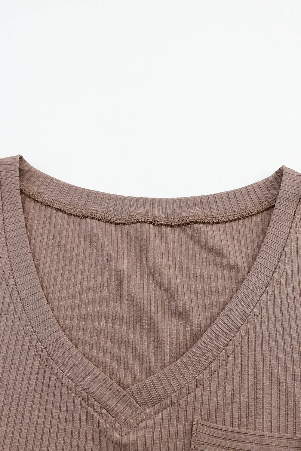 Khaki Ribbed Knit Patched Chest Pocket V Neck Top-Tops-MomFashion