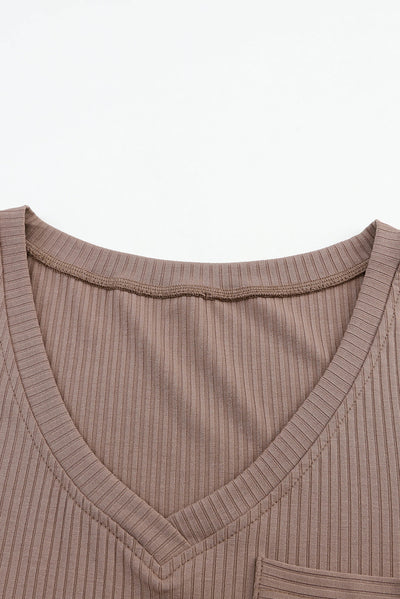 Khaki Ribbed Knit Patched Chest Pocket V Neck Top-Tops-MomFashion