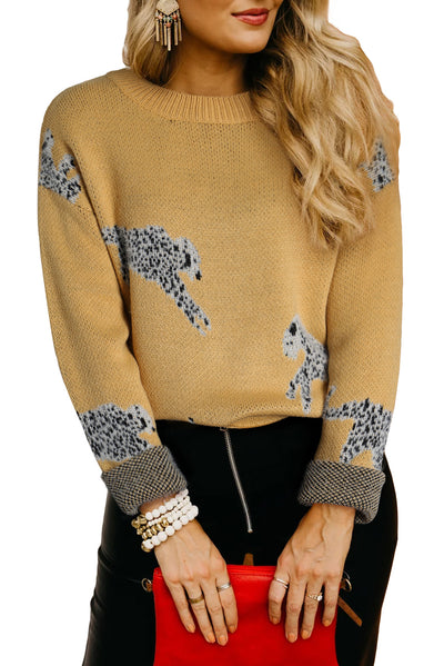 Camel Fuzzy Cheetah Accent Round Neck Sweater-Tops-MomFashion