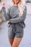 Gray Long Sleeve Top and Drawstring Shorts Lounge Set-Loungewear-MomFashion