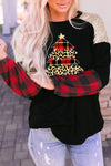 Black Christmas Tree Plaid Print Sequin Patch T Shirt-Graphic-MomFashion