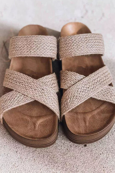 Beige Woven Cross Criss Hollowed Slip-On Slippers-Shoes & Bags-MomFashion