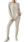 Apricot Ribbed Knit Loose Long Sleeve Top Skinny Pants Set-Loungewear-MomFashion