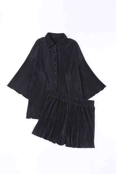 Black 3/4 Sleeves Pleated Shirt and High Waist Shorts Lounge Set-Loungewear-MomFashion