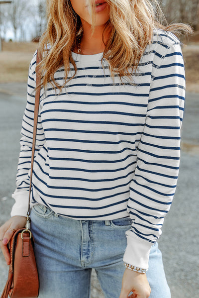 Striped Print Ribbed Trim Long Sleeve Top-Tops-MomFashion