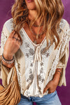 Golden Fleece Lace Crochet Patchwork Slit Sleeve Loose Blouse-Tops-MomFashion