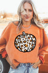 Orange Leopard Pumpkin Graphic Corded Sweatshirt-Graphic-MomFashion