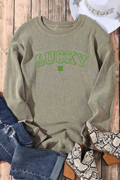 Green LUCKY Clover Embroidered Corded Crewneck Sweatshirt-Graphic-MomFashion