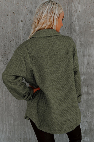 Green Retro Quilted Flap Pocket Button Shacket-Outerwear-MomFashion