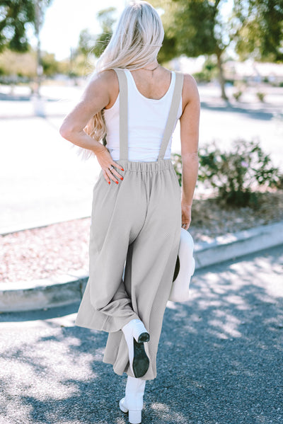 Light Grey Textured Self-Tie Strap Wide-Leg Overalls-Bottoms-MomFashion