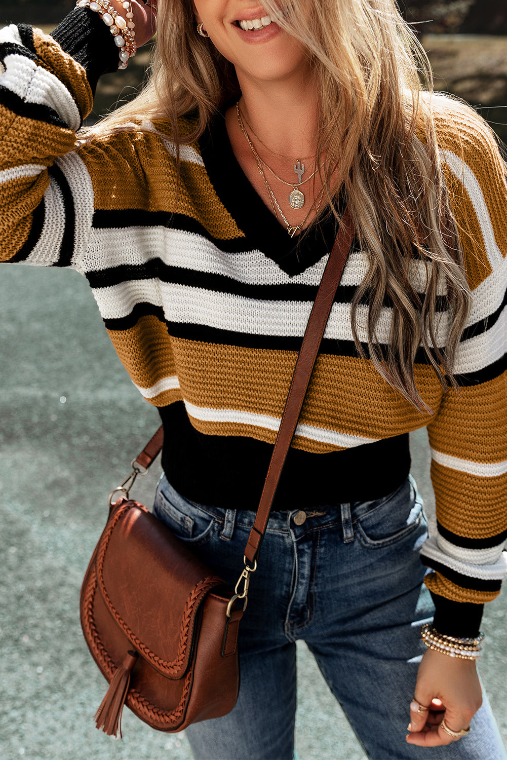 Brown Stripe Contrast Stripes V Neck Textured Knit Sweater-Tops-MomFashion