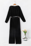 Black Corded Cropped Pullover and Wide Leg Pants Set-Loungewear-MomFashion