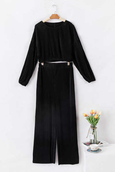 Black Corded Cropped Pullover and Wide Leg Pants Set-Loungewear-MomFashion