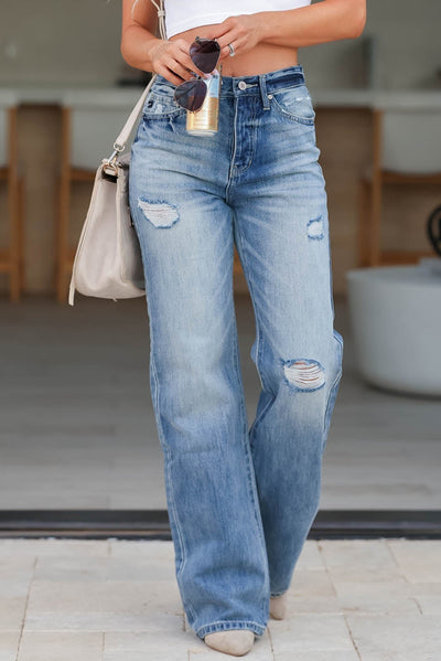 Light Blue High Rise Distressed Straight Leg Jeans-Bottoms-MomFashion