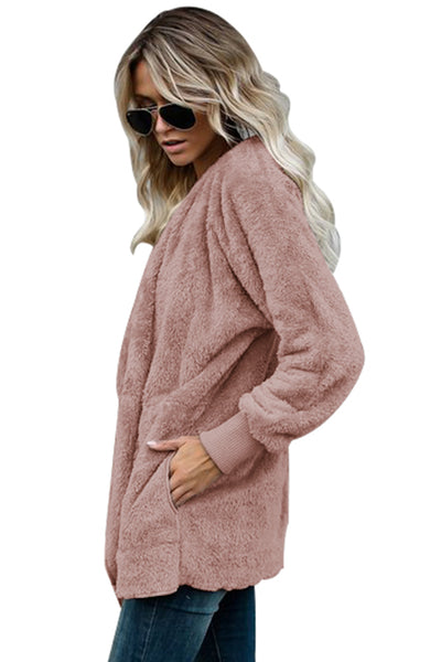 Pink Soft Fleece Hooded Open Front Coat-Outerwear-MomFashion