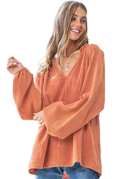 Orange Crinkle Textured Frill Split Neck Puff Sleeve Blouse-Tops-MomFashion