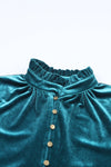 Green Frilled Neck Buttoned Front Velvet Top-Tops-MomFashion