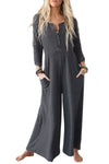 Gray Button Long Sleeve Wide Leg Jumpsuit-Bottoms-MomFashion