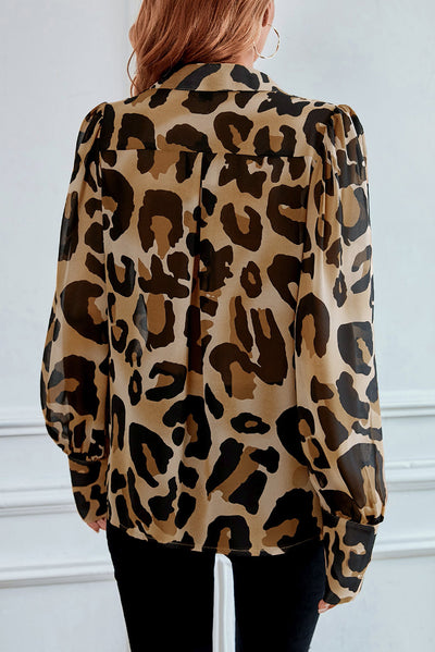 Leopard Bishop Sleeve Button up Turn Down Collar Shirt-Tops-MomFashion