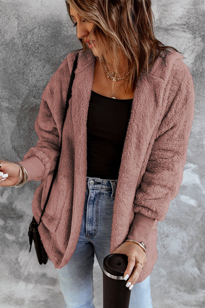 Pink Soft Fleece Hooded Open Front Coat-Outerwear-MomFashion