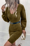 Green V Neck Bodycon Sweater Dress-Dresses-MomFashion