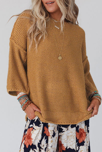 Brown Slouchy Textured Knit Loose Sweater-Tops-MomFashion