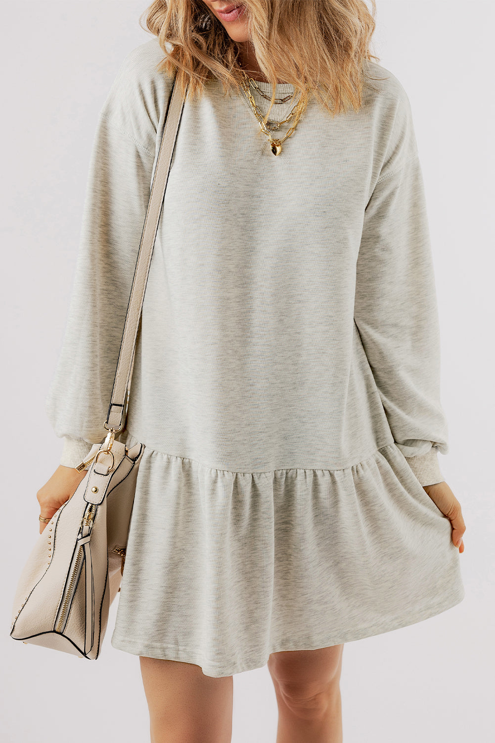 White Solid Color Puff Sleeve Ruffle Hem Mini Dress-Dresses-MomFashion