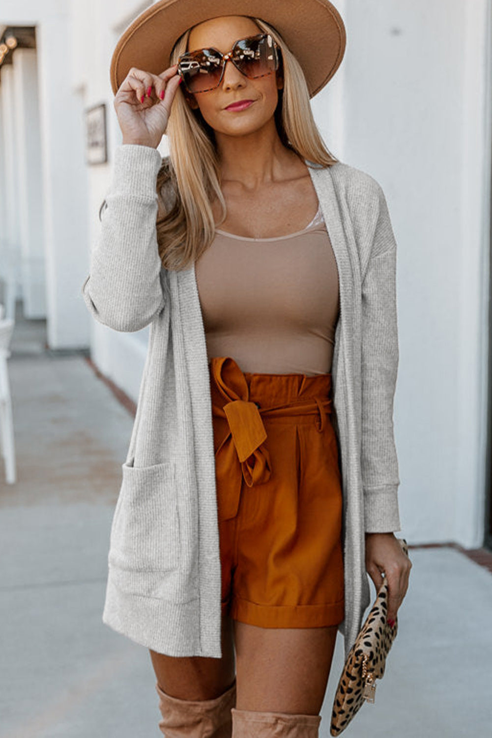 Light Gray Thermal Waffle Knit Pocketed Cardigan-Tops-MomFashion