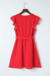 Fiery Red Polka Dot V Neck Ruffle Sleeve Dress-Dresses-MomFashion