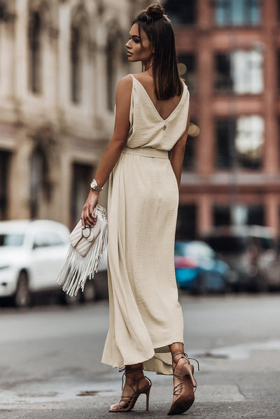 Apricot V Neck Sleeveless Maxi Dress with Elastic Belt-Dresses-MomFashion