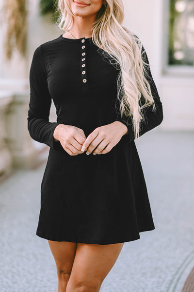 Black Solid Long Sleeve Henley Dress-Dresses-MomFashion