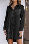 Black Sequin Splicing Pocket Buttoned Shirt Dress-Dresses-MomFashion