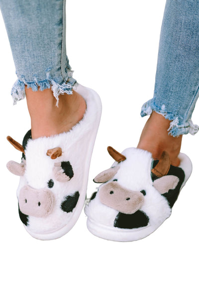 White Cartoon Animal Cow Plush Slippers-Shoes & Bags-MomFashion