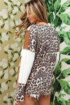 White Leopard Color Block Patchwork Split Neck Long Sleeve Top-Tops-MomFashion