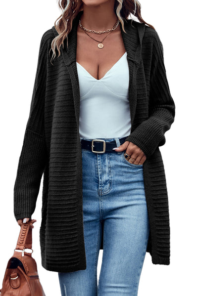 Black Horizontal Rib Knitted Open Front Hooded Cardigan-Tops-MomFashion