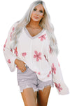 White Floral Print Lightweight Knit Hooded Sweater-Tops-MomFashion