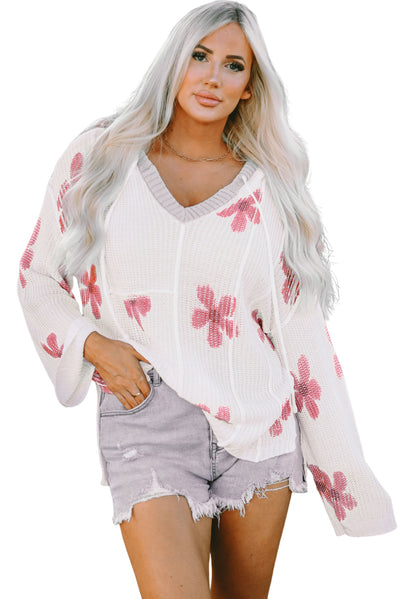 White Floral Print Lightweight Knit Hooded Sweater-Tops-MomFashion