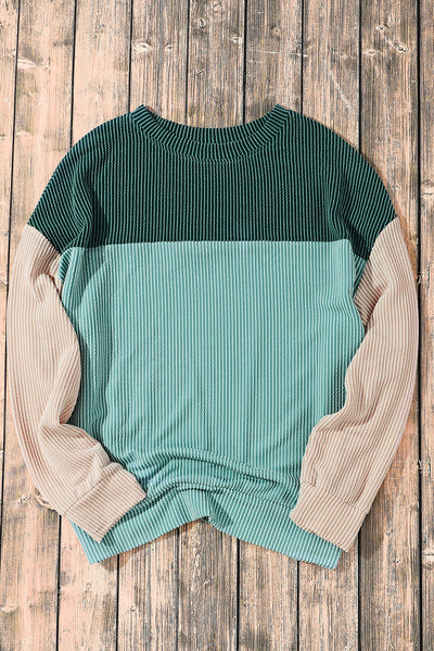 Green Color Block Long Sleeve Ribbed Loose Top-Tops-MomFashion