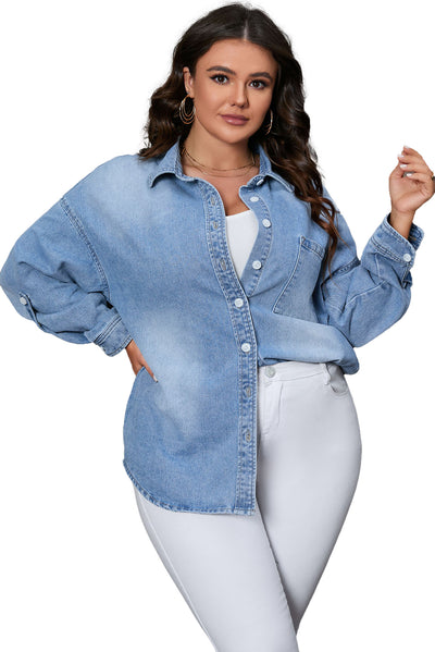 Sky Blue Plus Size Chest Pocket Button-Up Denim Shacket-Plus Size-MomFashion