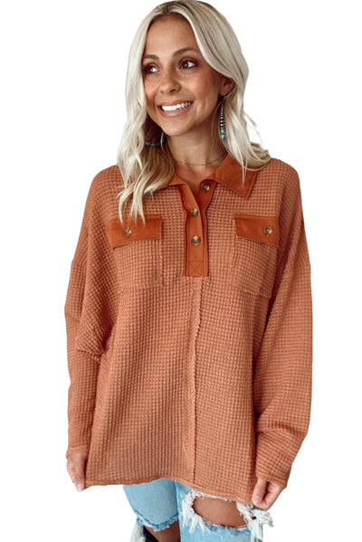 Brown Waffle Knit Button Contrast Trim Long Sleeve Top-Tops-MomFashion