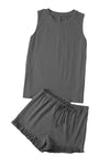 Dark Gray Crew Neck Tank and Drawstring Ruffled Shorts Lounge Set-Loungewear-MomFashion