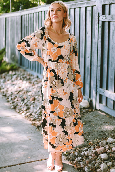 Tie Waist Puff Sleeve Bold Floral Maxi Dress-Dresses-MomFashion