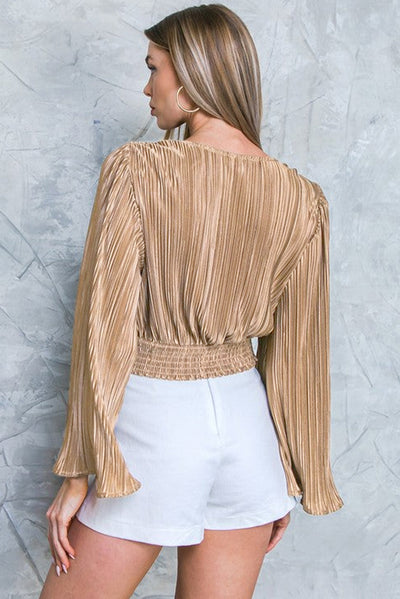 Camel Pleated Bell Sleeve Twist V Neck Cropped Blouse-Tops-MomFashion