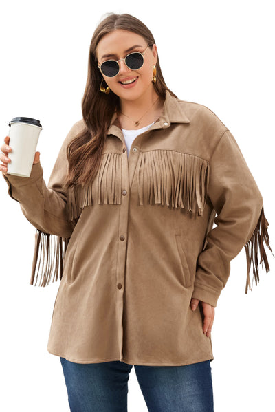 Khaki Fringe Trim Plus Size Suede Shacket-Plus Size-MomFashion