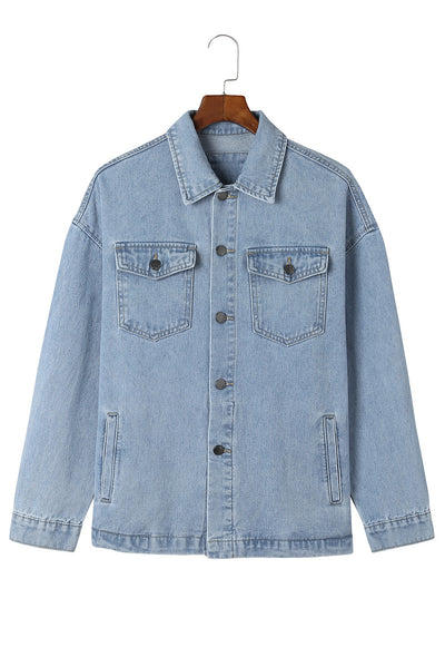 Sky Blue Acid Wash Flap Pocket Boyfriend Shacket-Outerwear-MomFashion