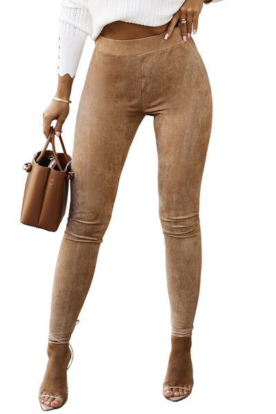 Khaki High Waist Faux Suede Skinny Leggings-Bottoms-MomFashion