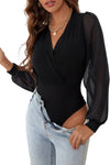 Black Solid Color V Neck Wrap Mesh Sleeves Bodysuit-Tops-MomFashion