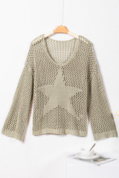 Light French Beige Star Pointelle Knit Baggy Sweater-Tops-MomFashion