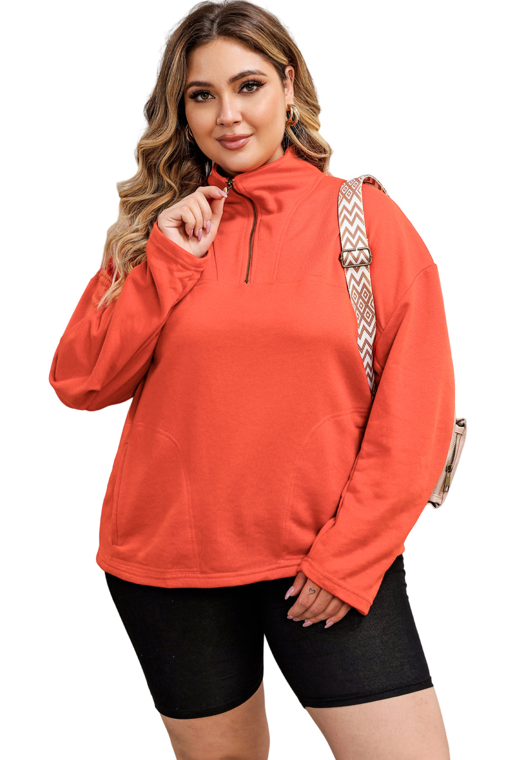 Orange O-ring Zipper Pocketed Plus Size Sweatshirt-Plus Size-MomFashion